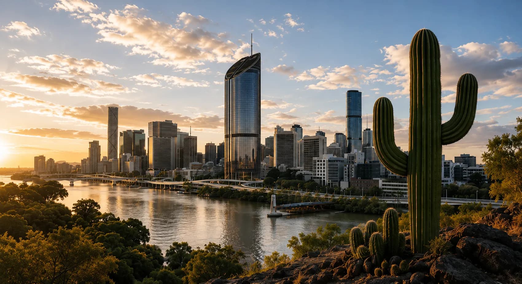 Brisbane skyline at golden hour with a cactus in the foreground